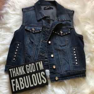 Earl Sleeveless Rhinestone Denim Jacket Small